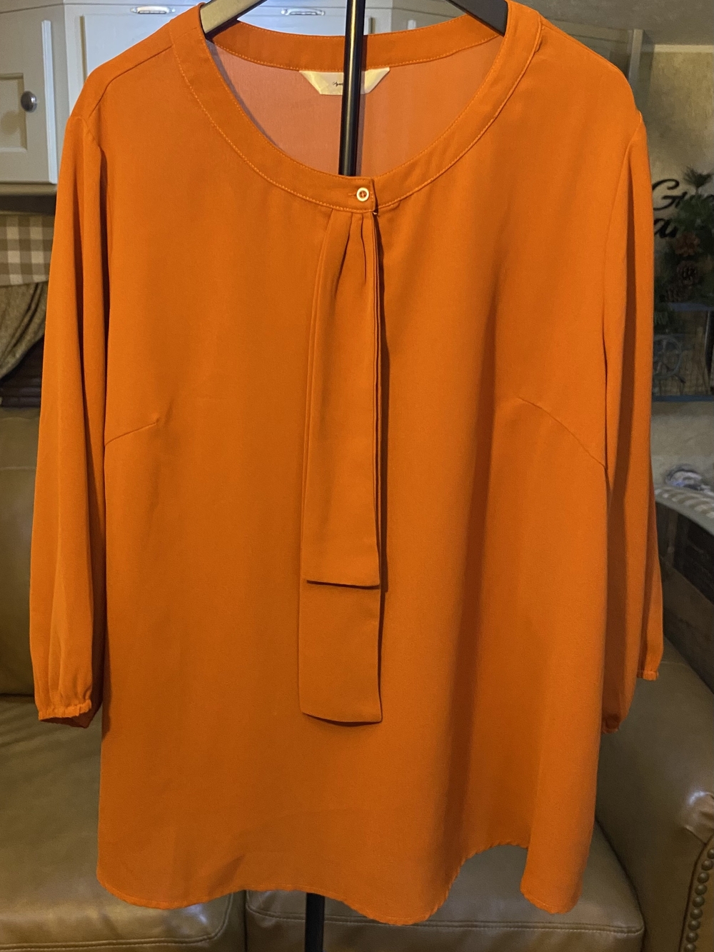 Women’s Orange Tie-Neck Blouse